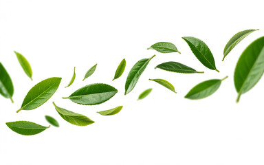 Obraz premium Fresh Green Tea Leaves Falling on White Background Isolated