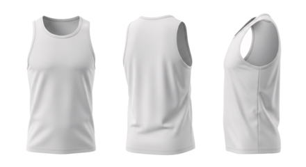 Three views of a plain white sleeveless tank top shirt displayed from front back and side angles isolated on transparent background