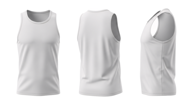 Three views of a plain white sleeveless tank top shirt displayed from front back and side angles isolated on transparent background