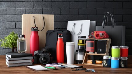 Modern workspace desk with electronic gadgets and accessories on black background for technology branding product photography commercial presentation