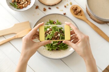 Woman is taking a photo of a healthy salad with her smartphone on a white wooden table, capturing the vibrant colors and fresh ingredients for her food blog or social media content