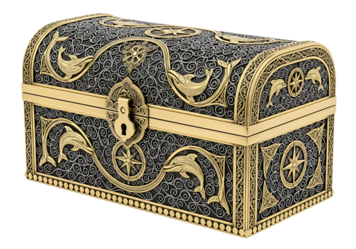 Ornate antique jewelry chest with intricate gold and black scrollwork design