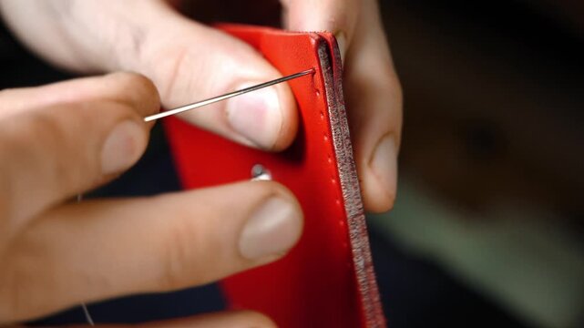 White thread hand stitching leather edge