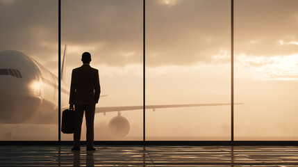 A business traveler stands in an airport, gazing out at a departing plane against a dramatic sunset sky.
