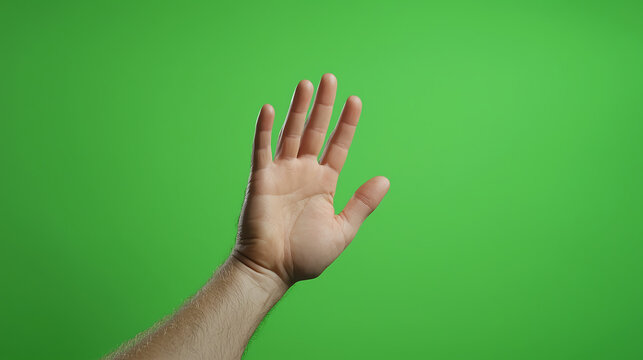 A close-up of a human hand raised against a vibrant green background, symbolizing interaction and communication. - Powered by Adobe