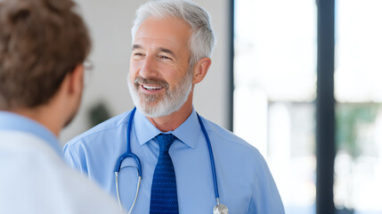 Fototapeta premium A confident doctor engages with a patient, showcasing professionalism and compassion in a modern healthcare setting.