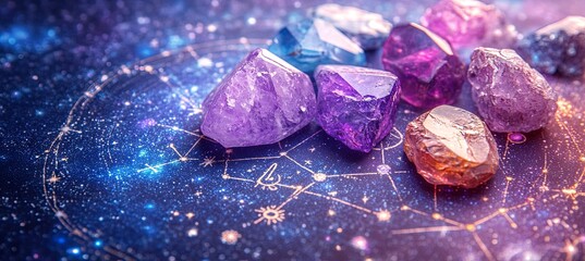 Natural stones for zodiac signs, tarot cards, and a drawn astrology chart set against a purple background with a color tone effect. banner 