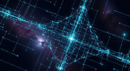 Abstract digital network connection with glowing blue lights and futuristic grid structure