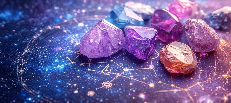 Natural stones for zodiac signs, tarot cards, and a drawn astrology chart set against a purple background with a color tone effect. banner 