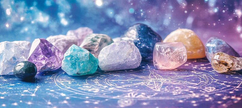 Natural stones for zodiac signs, tarot cards, and a drawn astrology chart set against a purple background with a color tone effect. banner  - Powered by Adobe