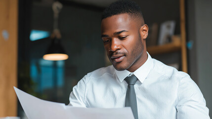 Obraz premium A focused businessman reviews documents, showcasing determination and professionalism in a modern office environment.