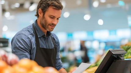 A focused cashier reviews items at a modern grocery store with a professional demeanor, showcasing customer service and interaction.