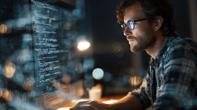 A focused individual programming on a computer in a dark room, surrounded by glowing code on multiple screens.