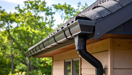 Close Up Of Black Rain Gutter System On Wooden House Exterior On A Sunny Day With Green Trees Background
