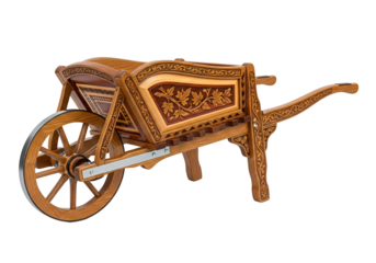 Ornately Carved Wooden Wheelbarrow with Floral Patterns and Elegant Detailing for Garden and