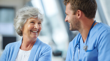 A joyful interaction between a healthcare professional and an elderly patient, showcasing compassion and care in a medical setting.