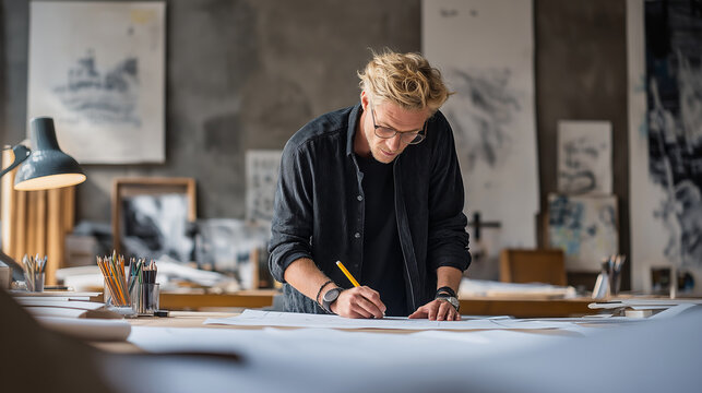 Male artist with blonde hair is sketching on large paper in a bright studio filled with art supplies, showcasing creativity and artistic expression in a vibrant workspace