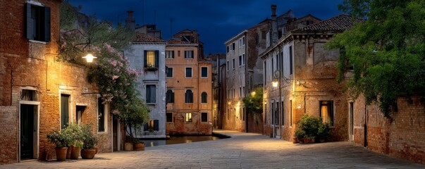Obraz premium Peaceful Canal-Side Street in Venice Illuminated by Warm Lights at Dusk Featuring Historic Architecture