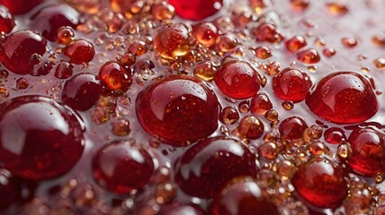 Red Liquid Droplets Close-Up with Light Reflection