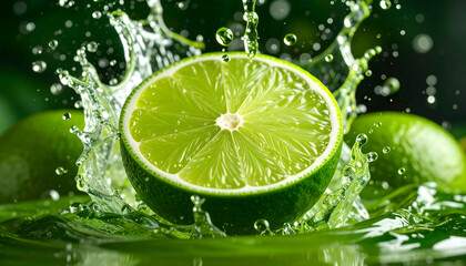 Lime Slice Surrounded By Water Splash Against Green Background Capturing Refreshing Citrus Fruit Beauty