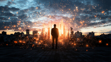 Fototapeta premium A silhouette of a person facing a vibrant city skyline as sparks of light dance in the foreground, symbolizing hope and inspiration.