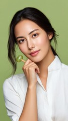 Young Asian Woman with Calm Serene Face Holding Jade Roller Against Soft Green Background