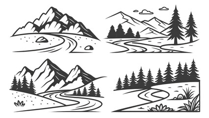 Fototapeta premium Mountainous Landscapes with Winding Rivers, Trees, and Rocky Peaks