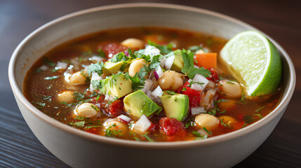 A vibrant bowl of hearty soup topped with fresh vegetables and herbs, perfect for a nourishing meal any time of the year.