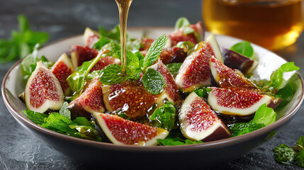 A vibrant plate of fresh figs and mint drizzled with honey, symbolizing healthy eating and natural ingredients.