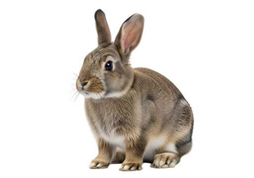 Realistic brown rabbit with detailed fur and alert posture isolated on black background