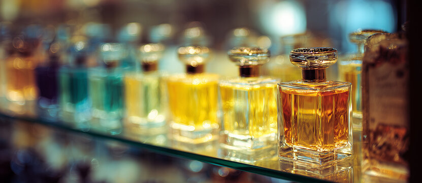 Perfume bottles arranged on a white background