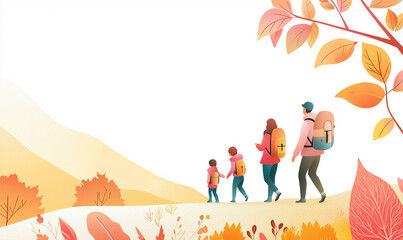 A family hiking together through a colorful autumn landscape, surrounded by vibrant foliage and gentle hills.