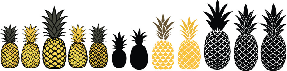 Fototapeta premium colorful pineapples lined up against a white background