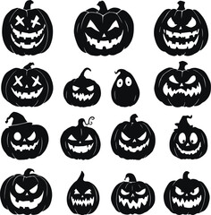 Obraz premium Halloween Jack-o'-Lantern Silhouette Icon Set with Scary, Funny, and Creative Pumpkin Faces for Seasonal Decor and Design