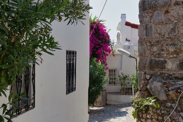 A narrow stone path winds through white buildings, adorned with vibrant pink bougainvillea in old Marmaris - Mugla - Turkey