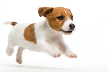 Energetic Jack Russell Terrier Puppy Joyfully Leaping Against a Crisp White Background