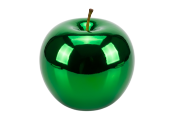 Reflective green apple sculpture with a metallic finish on a black background