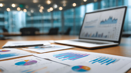 Dynamic workspace featuring financial graphs and a laptop, illustrating data analysis and business strategy concepts clearly.