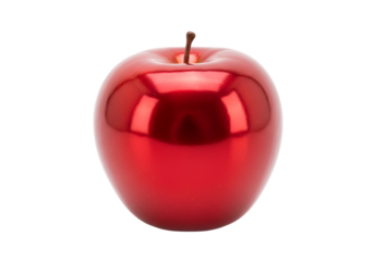 Reflective red apple sculpture with realistic details against a pitch black background