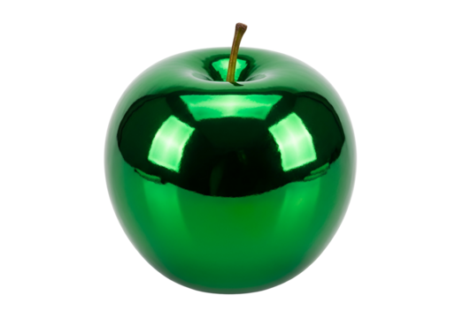 Reflective green apple sculpture with a metallic finish on a black background