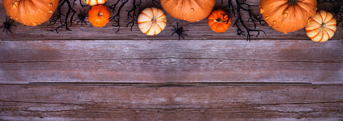 Halloween top border of spooky spiders, black branches and pumpkins. Above view over a rustic wood banner background with copy space.