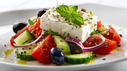 Fresh salad with tomatoes, cucumbers, olives, red onion, and feta cheese, drizzled with olive oil and garnished with herbs.