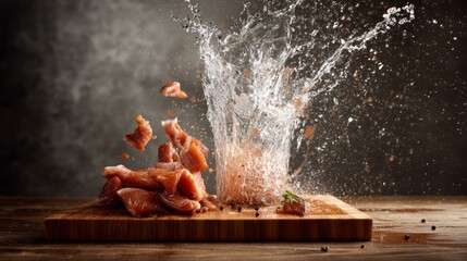 Meat splash explosion on cutting board for food photography dramatic product branding culinary composition powerful visual scene dynamic energy presentation