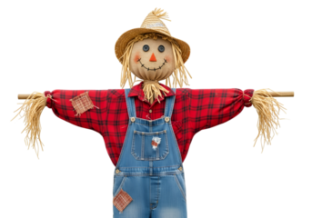 Rustic scarecrow doll dressed in red plaid shirt and denim overalls with straw hat and scarecrow