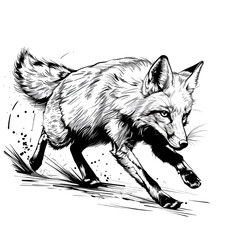 Fototapeta premium PNG of A striking black and white illustration of a running fox, showcasing its elegance and agility.
