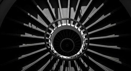 Abstract black and white spiral staircase with geometric symmetry, modern architectural design pattern creating artistic visual perspective