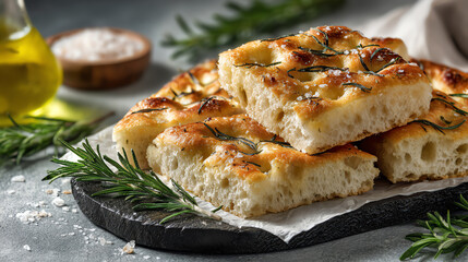 Freshly baked focaccia bread topped with herbs, perfect for serving with olive oil and salt, enhancing any meal or gathering.