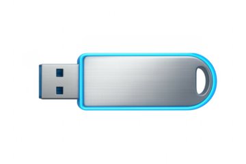 Metallic usb flash drive with blue light showing data storage and transfer capabilities on transparent background
