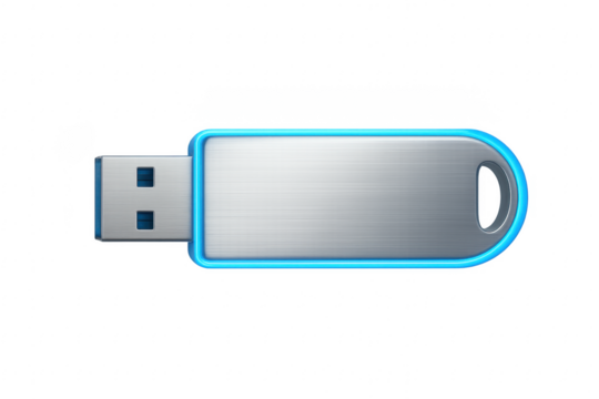Metallic usb flash drive with blue light showing data storage and transfer capabilities on transparent background - Powered by Adobe