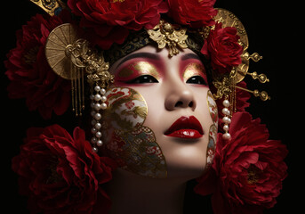 Ultra Photorealistic Artistic Portrait of Japanese Theatrical Mask with Golden Ornaments and Red Peonies